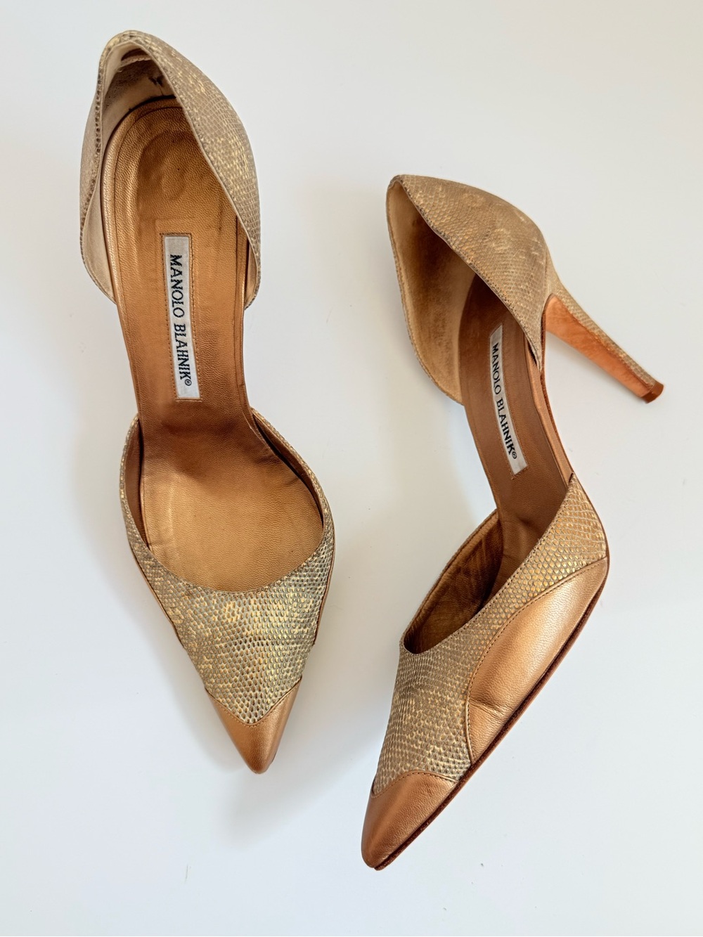 Manolo Blahnik Gold Metallic Lizard D’Orsay Pumps EU 39.5 Pointed Toe Heels